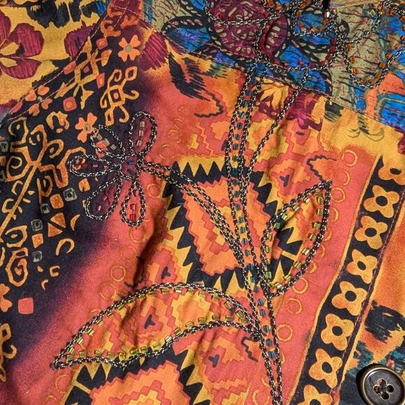 Vtg Y2K Coldwater Creek Orange Blue Tribal Floral Print Embroidered jacket P M - Picture 3 of 5